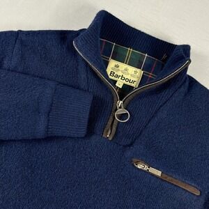 Barbour Mens Navy Blue 100% Wool Quarter Zip Sweater Elbow Patches MKN0865NY91 M
